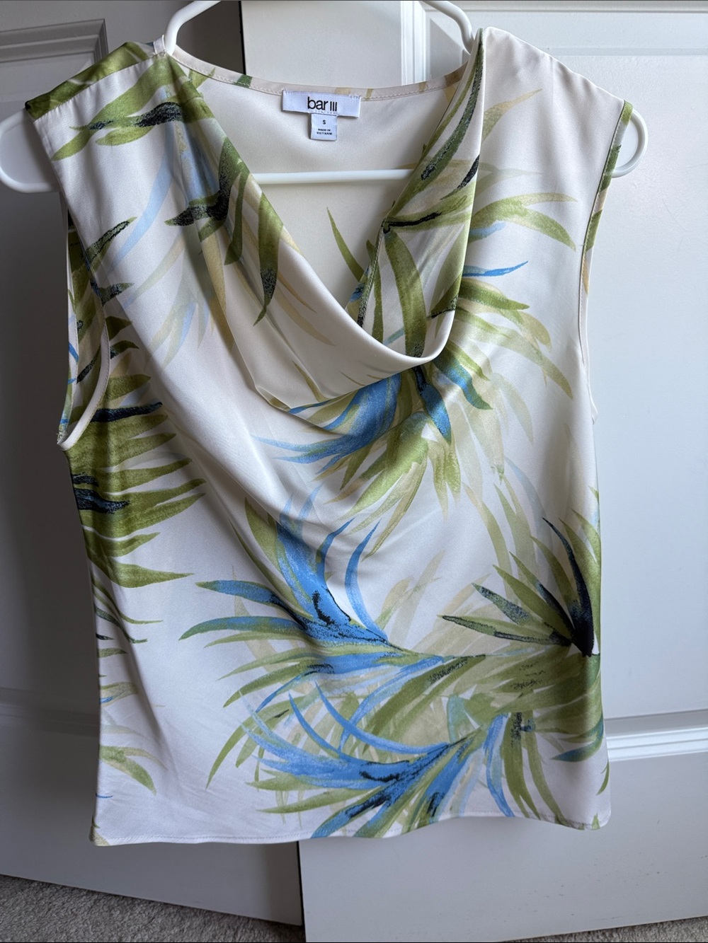 Bar III Cream Sleeveless Cowl Neck Top with Green & Blue Palm Print